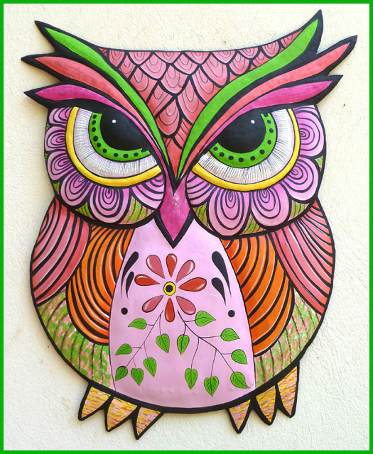 Hand Painted Pink Owl Wall Hanging - Outdoor Decor - Metal Art Wall Decor  25"